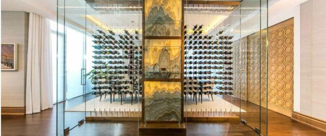 Floating Wine Racks in Fully Enclosed Glass Wine Cellar