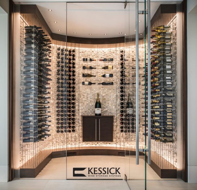 a wine-angle view of glass wine cellar with Elevate wine racks that make the wine bottles look like they're floating