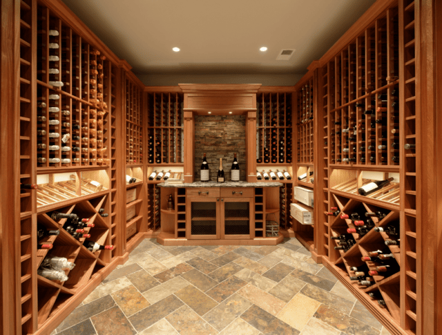 a beautiful oakwood wine cellar with a nice tile floor and custom counter