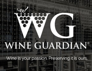 black and white Wine Guardian logo with the tagline 'wine is your passion. preserving it is ours' on the bottom