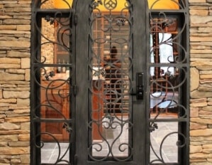 a view of complexly designed glass doors for a wine cellar